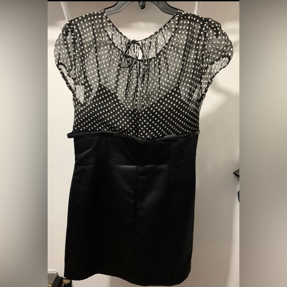 Tahari Arthur S. Levine Sheath Dress Black White Polka Dot Belted Scoop Neck 14 - Picture 2 of 3